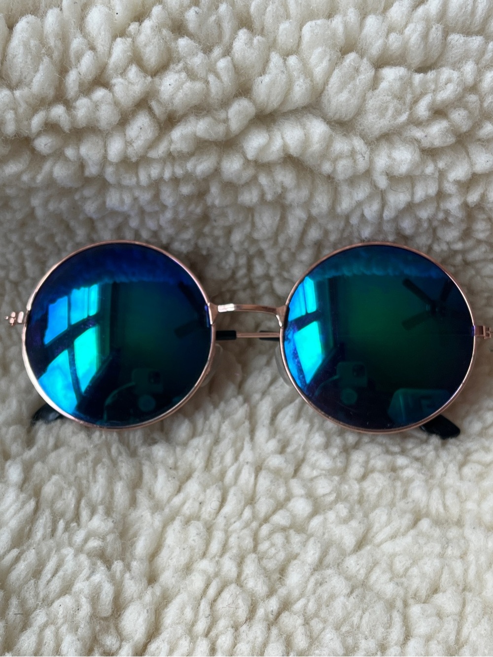 Oversized Round Mirrored Sunglasses Blue Green Lenses Rose Gold Tone Frame